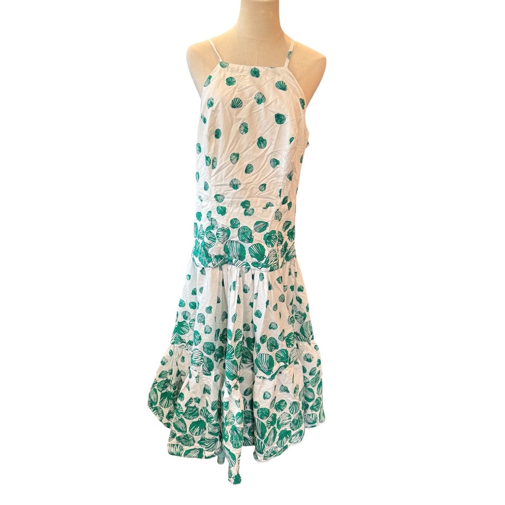 Anthropologie Green White Seashell Print Tiered Maxi Dress Halter Strappy Back - Picture 8 of 9